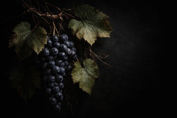 Obraz premium Moody dark composition of grape branch and leaves on black background with text space