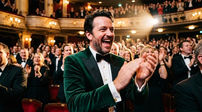 Close up of a man in a velvet emerald green tuxedo enthusiastically clapping his hands together while standing in a crowded elegant theater.