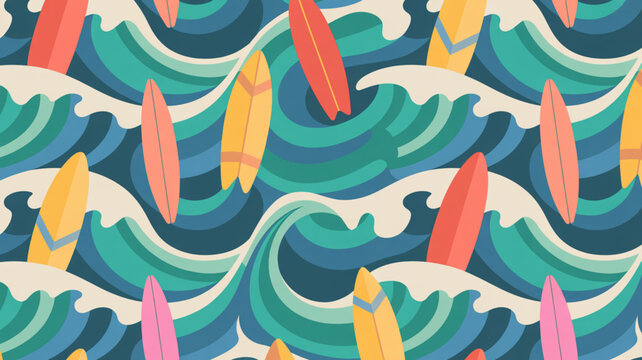 Surfboard, wave, ocean, vector, colorful, surf, illustration, seamless pattern isolated on Transparent Background