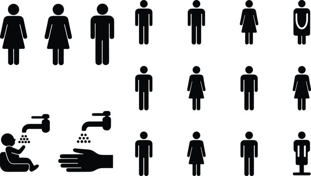 Public restroom hygiene icon set with male female figures handwashing sanitizer and accessibility symbols collection