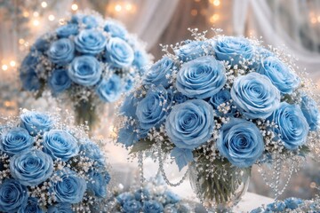 Naklejka premium Blue artificial rose arrangements ideal for wedding decorations and special keepsakes
