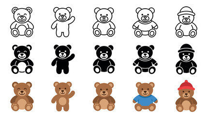 Obraz premium Teddy bear icons in various styles and poses, including outline, solid, and colored versions, perfect for children's designs and playful themes.