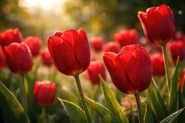 Obraz premium Sunlit close up of velvety red tulip flowers in natural outdoor scene