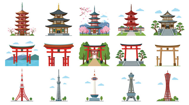 A comprehensive set of various Japanese architectural icons showcases multiple pagoda designs, traditional wooden torii gates, and famous modern city towers in flat style.