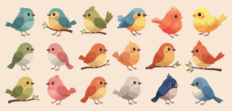 Variety of bird species, Cute garden bird set, Wild avian animal graphics, Songbird and parrot doodles, Nature lover bird illustrations, Colorful bird watcher stickers, Feathered friend symbol collect