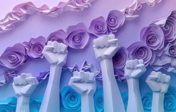 Empowering 3D papercut art featuring raised fists of solidarity against a background of purple and blue paper roses, ideal for International Women's Day and human rights campaigns.