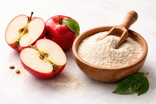 Bright red apple halves paired with pectin fiber powder served in a wooden bowl over white surface