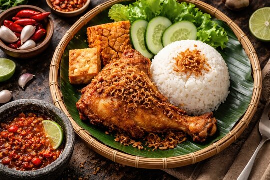 Classic nasi ayam penyet with flavorful sambal belacan displayed from a top down angle
