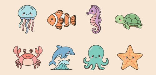 Sea life animal characters, Cute ocean creature icons, Whale dolphin octopus seahorse, Nautical marine life doodles, Underwater world clip art, Kids ocean education graphics, Friendly fish character s © Geetaroy