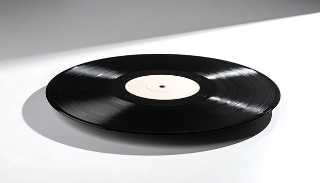 An isolated vinyl record with visible grooves casting a soft shadow on a clean white surface, evoking vintage music and retro audio