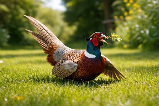 happy pheasant pet engaging in play on a rich green grass lawn capturing full length on a bright summer day