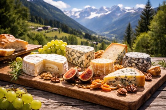 French cheese selection on wooden serving board with summer mountainous background