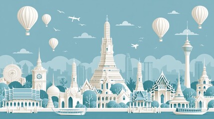 Obraz premium Minimalist illustration of thailand city skyline with temples and hot air balloons illustration.
