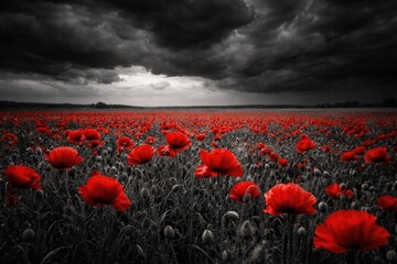 Obraz premium Selective color photo of red poppies on open field with dramatic dark clouds