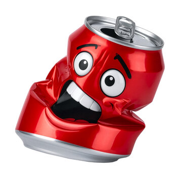 Red aluminum can crushed with cartoon face Illustration for the theme of recycling waste collection vector graphic