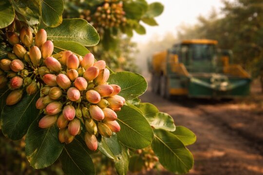 Pistachio clusters nearing harvest on branches with blurred farming machine visible in background