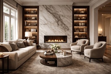 Naklejka premium Upscale country home living room with sophisticated marble wall fireplace and large vertical bookcase
