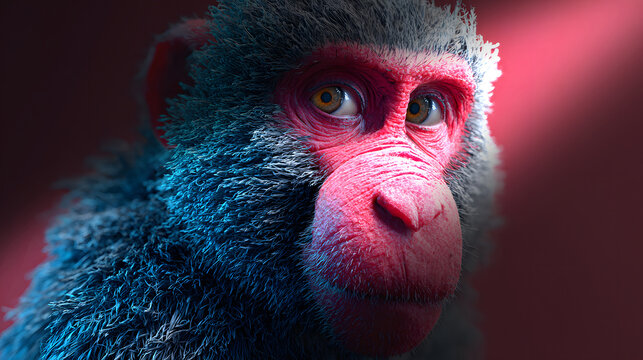 Detailed Portrait of Japanese Macaque with red face and expressive eyes featuring cinematic lighting.