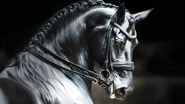 Black dressage horse portrait stallion with braided mane and bridle on dark background.