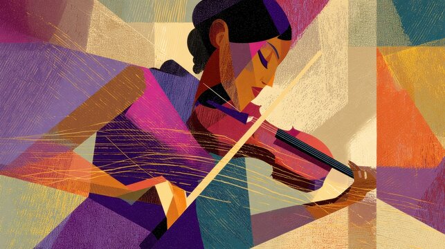 Abstract cubist poster featuring an Afro-American female jazz violinist in vibrant geometric shapes