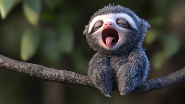A cute baby sloth yawns while resting on a tree branch, showcasing a sleepy expression. The image captures the charm of wildlife in its natural habitat.