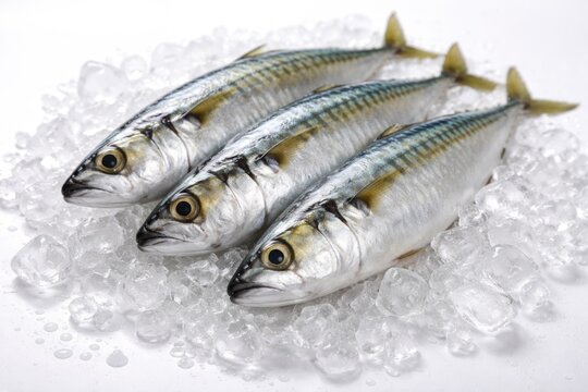 Closeup of Indian mackerel fish placed on cracked ice on an immaculate white surface