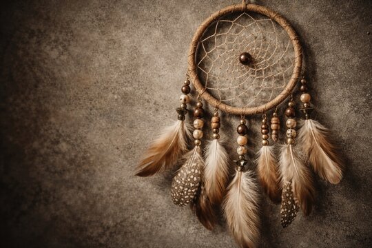 Beige and brown dream catcher in tight focus against a rough grey background with ample copy space
