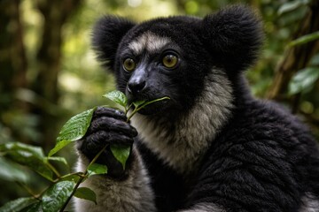 Fototapeta premium Close up of black and white indri indri lemur browsing leaves in natural habitat