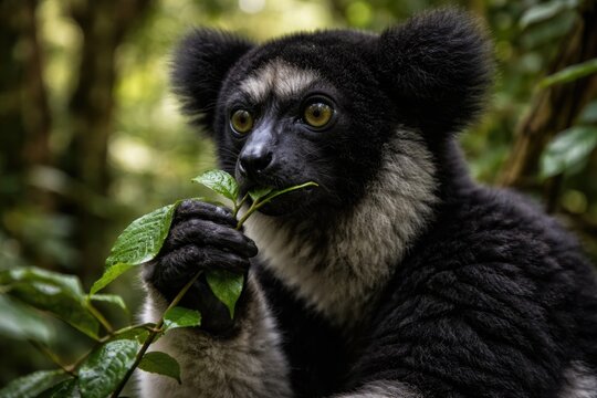 Close up of black and white indri indri lemur browsing leaves in natural habitat