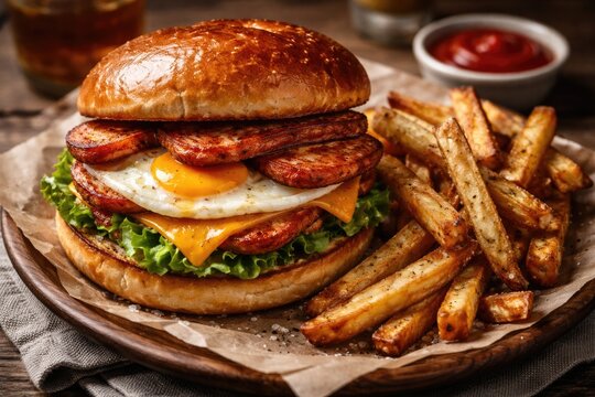 Flavorful fried spam and egg sandwich complemented by hand-cut homemade potato fries