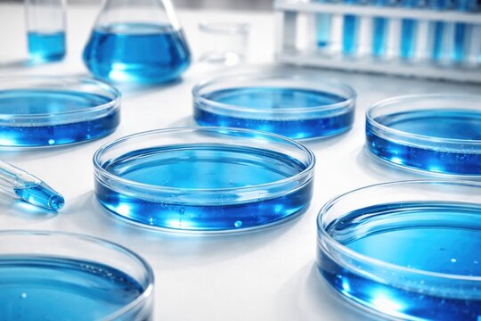 Petri dishes filled with cobalt chloride solution arranged on white background illustrating scientific principle