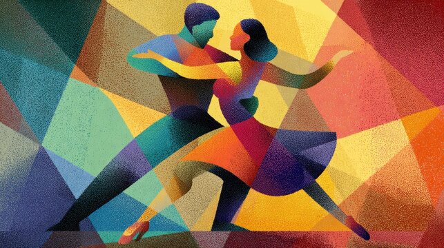 Cubist abstract painting of a Hispanic couple dancing the calypso for a poster or flyer, geometric dance scene