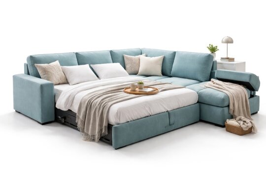 L shaped turquoise sleeper sofa with multipurpose use on white surface