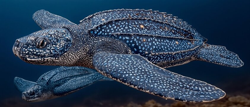 A leatherback turtle in the ocean against a dark background highlights marine biodiversity and the protection of endangered species.