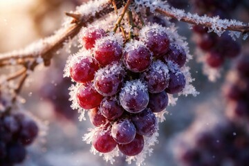 Naklejka premium Red grapes encased in ice flakes illustrating sweetest wine harvesting process