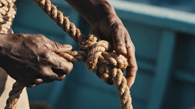 Close-up of weathered hands skillfully tying a thick nautical rope on a boat. The sun illuminates the coarse texture of the rope and the calloused skin of the fisherman.
