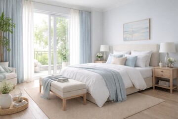 Fototapeta premium bright and airy bedroom space decorated in subtle light blue shades and natural light