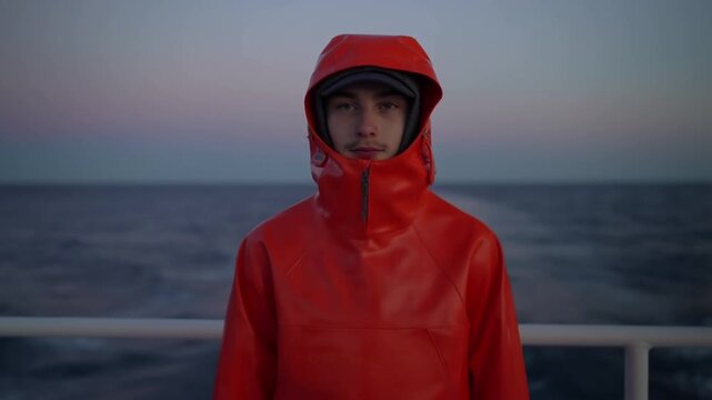 A young man in a red hooded raincoat stands on a boat deck at twilight, looking into the camera. The dark ocean and a soft horizon line provide a serene background.