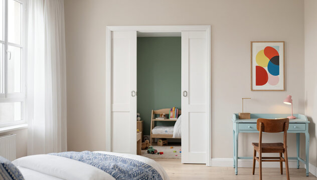 Modern child bedroom with double pocket doors