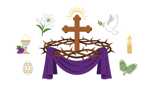 A wooden cross adorned with a crown of thorns and a purple drape surrounded by symbolic icons including a dove, lily, candle, egg, and palm fronds.