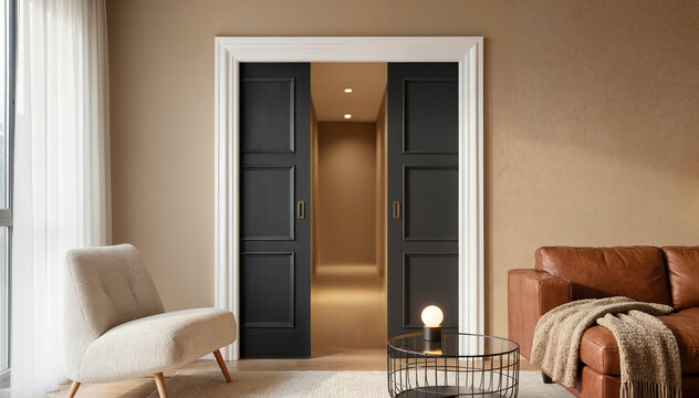 Black double pocket doors in Modern living room with beige armchair