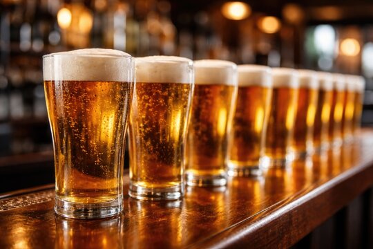 Multiple identical beer glasses displayed in sequence on pub counter