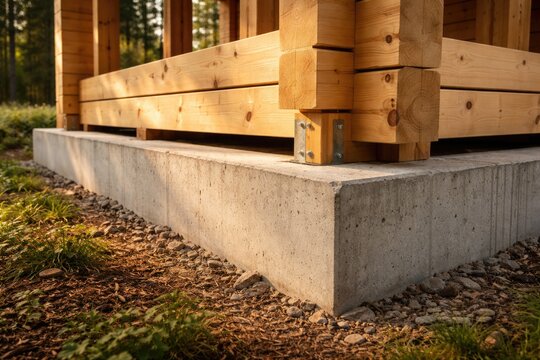 Close up view of eco wooden cottage foundation with cement base