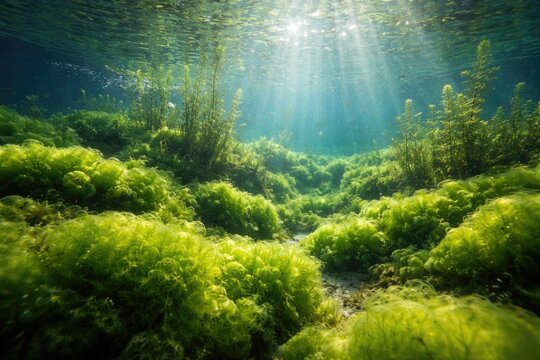 Thriving lush algae coverage in freshwater pond illuminated by natural light