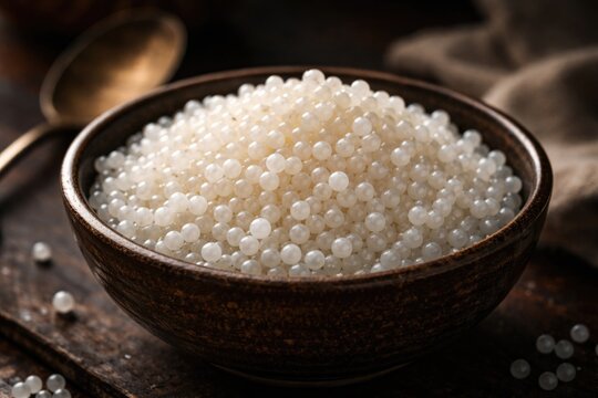 Selective focus on sago pearls in a bowl against moody lighting