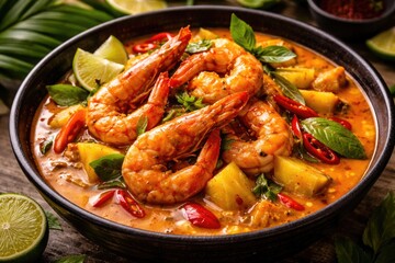 Fototapeta premium Flavorful shrimp curry in Thai red sauce with tropical fruit accents