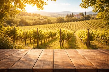Naklejka premium Product display on wooden tabletop with sunny vineyard background and text area