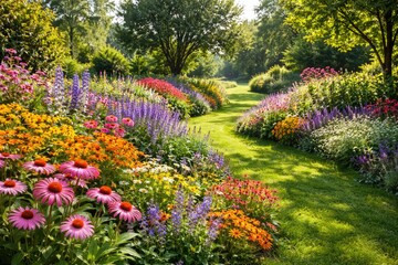 Obraz premium Summer day with colorful flowers and fresh green grass in a scenic garden