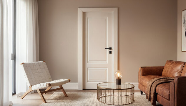 Modern minimalist living room with leather sofaand white door