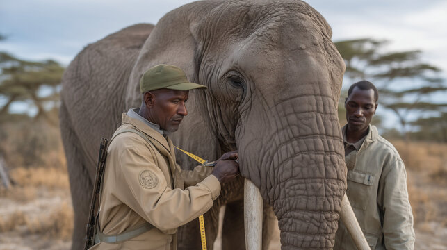 wildlife veterinarian field-immobilizing adult African elephant for health assessment, dart rifle holstered, measurement tape across shoulder width, conservation team noting data on clipboard, savan